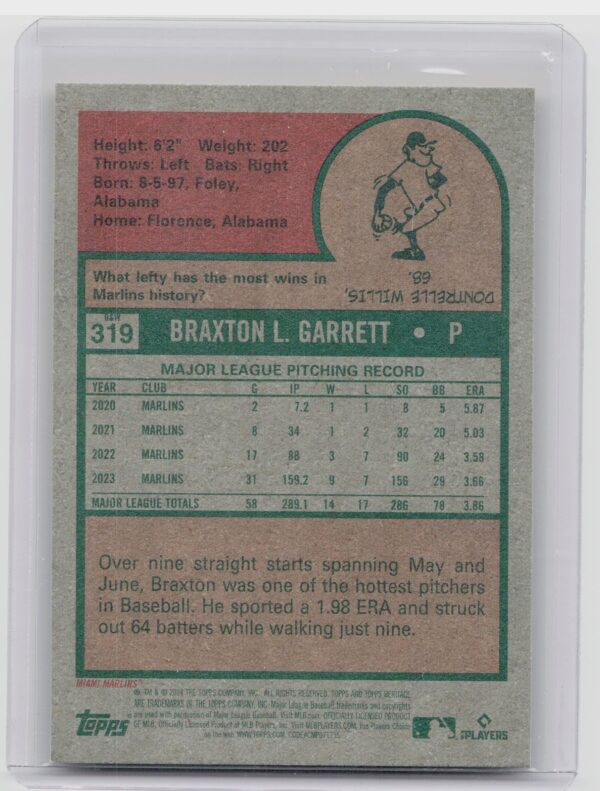 2024 Topps Heritage Mini Braxton Garrett #319 Marlins - Image 3