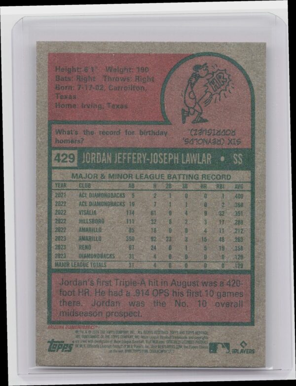 2024 Topps Heritage Mini Jordan Lawlar RC #429 Diamondbacks - Image 3