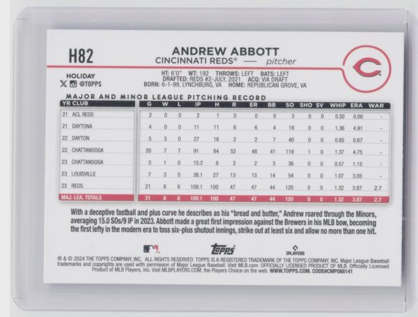 2024 Topps Holiday Andrew Abbott RC #H82 Reds - Image 3
