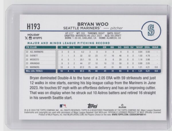2024 Topps Holiday Bryan Woo Silver Glitter #H193 Mariners - Image 3
