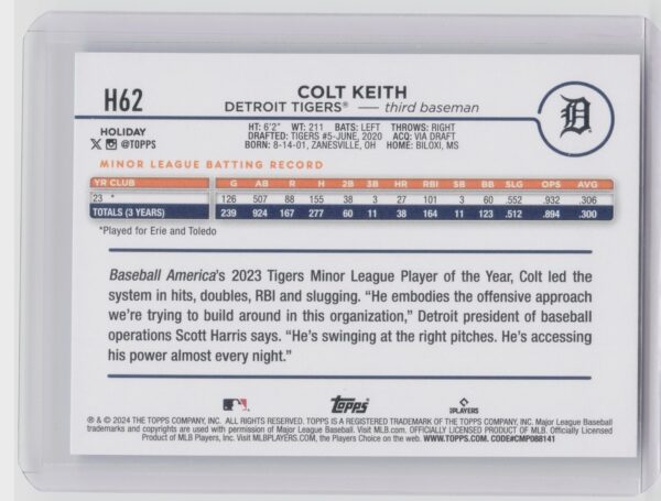 2024 Topps Holiday Colt Keith RC #H62 Tigers - Image 3