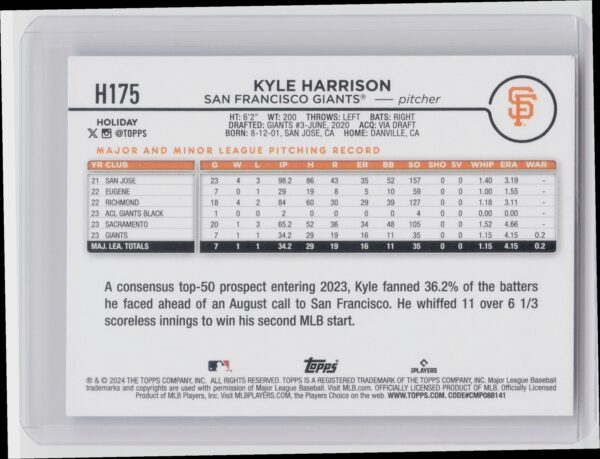 2024 Topps Holiday Kyle Harrison RC #H175 Giants - Image 3