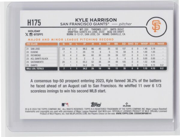 2024 Topps Holiday Kyle Harrison Rookie H175 Giants - Image 3