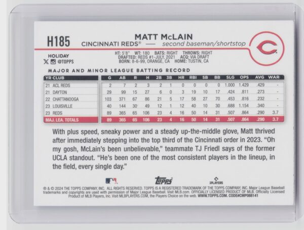 2024 Topps Holiday Matt McLain #H185 Reds - Image 3