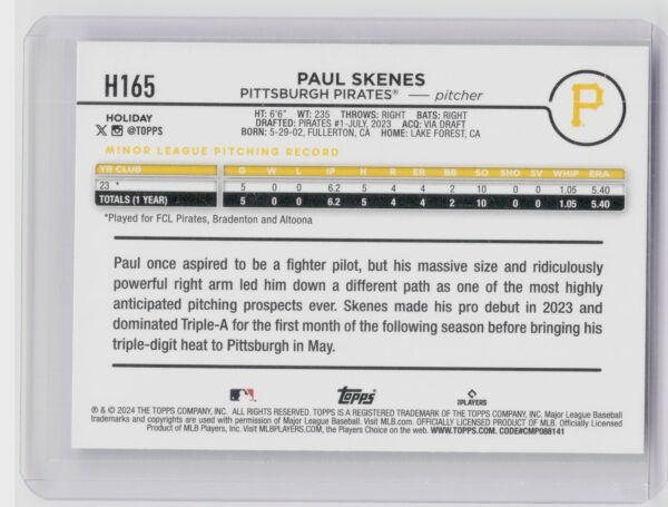 2024 Topps Holiday Paul Skenes RC #H165 Pirates - Image 3