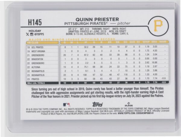2024 Topps Holiday Quinn Priester H145 Pirates - Image 3