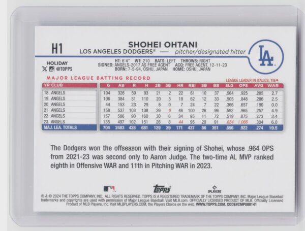 2024 Topps Holiday Shohei Ohtani #H1 Dodgers - Image 3