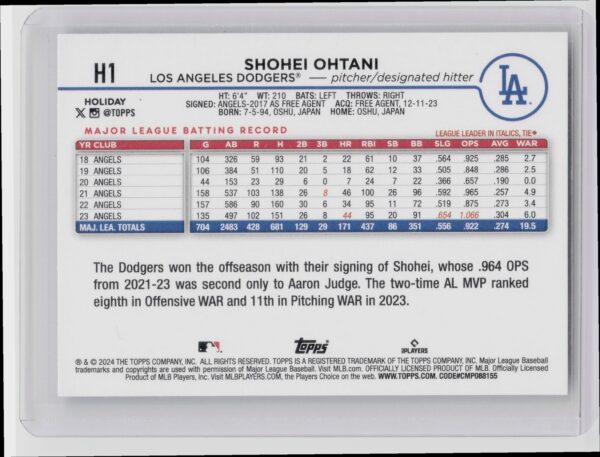 2024 Topps Holiday Shohei Ohtani SP Santa Hat VAR #H1 Dodgers - Image 3