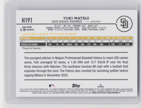 2024 Topps Holiday Yuki Matsui Rookie H191 Padres - Image 3