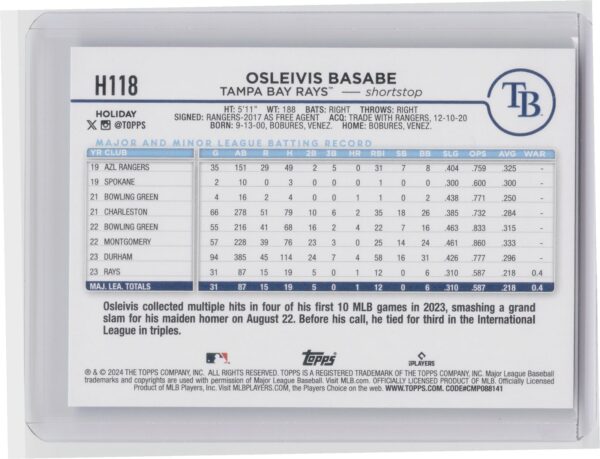 2024 Topps Osleivis Basabe Rookie H118 Rays - Image 3