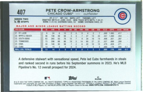 2024 Topps Pete Crow-Armstrong RC #407 Cubs - Image 3