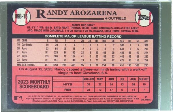 2024 Topps Randy Arozarena #89B-15 Rays 1989 Topps 35th Anniversary Foil - Image 3