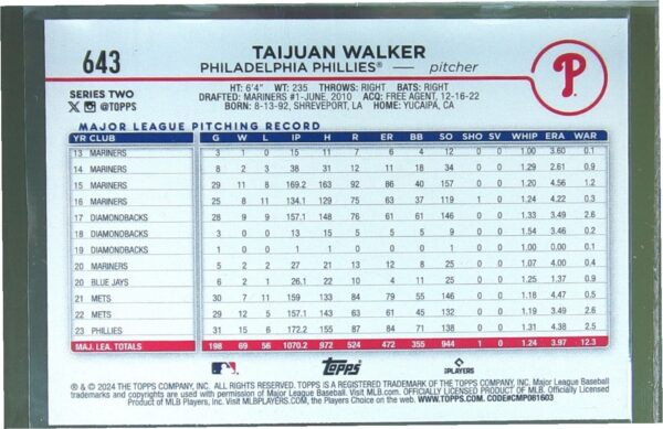 2024 Topps Taijuan Walker Holiday #643 Phillies - Image 3