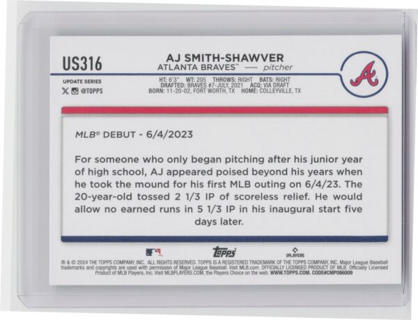 2024 Topps Update AJ Smith-Shawver #US316 Braves - Image 3