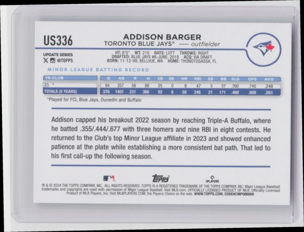 2024 Topps Update Addison Barger RC #US336 Jays - Image 3