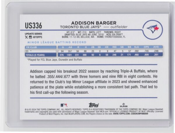 2024 Topps Update Addison Barger RC #US336 Jays - Image 3