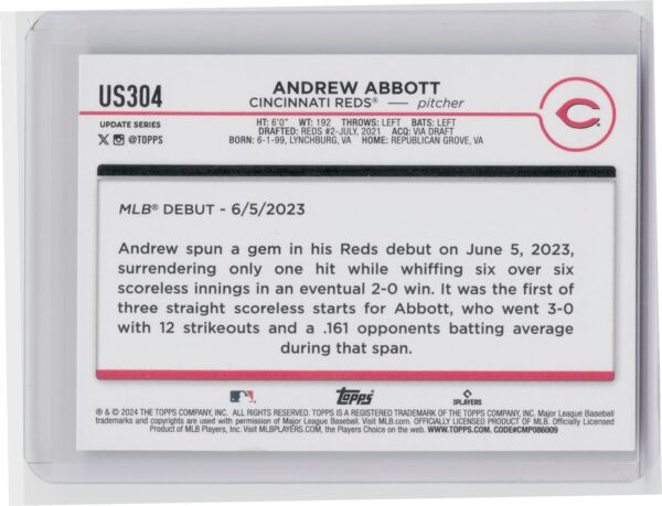 2024 Topps Update Andrew Abbott RC #US304 Reds - Image 3