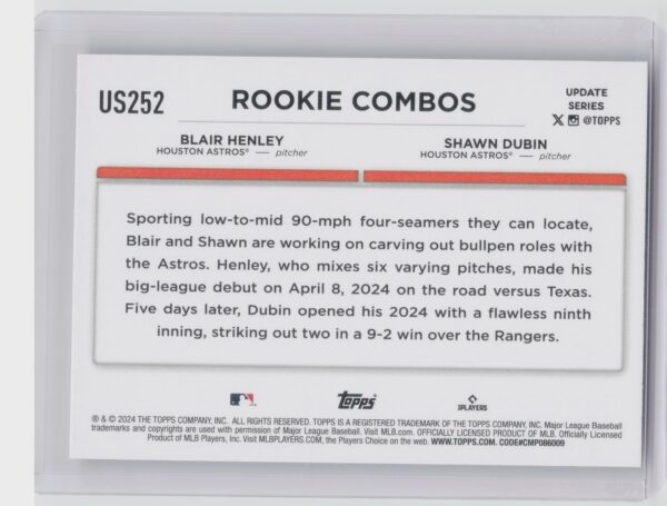 2024 Topps Update Blair Henley  / Shawn Dubin RC #US252 Astros - Image 3
