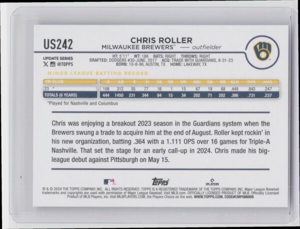 2024 Topps Update Chris Roller RC #US242 Brewers - Image 3