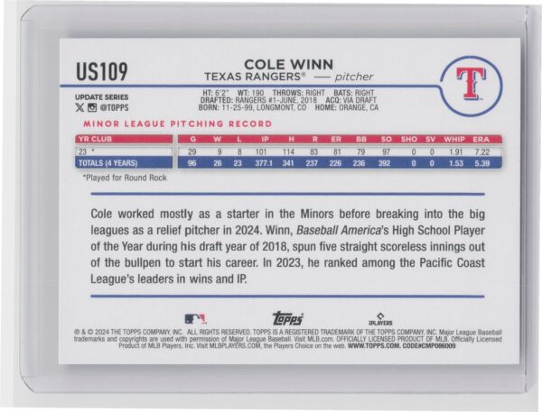 2024 Topps Update Cole Winn RC #US109 Rangers - Image 3