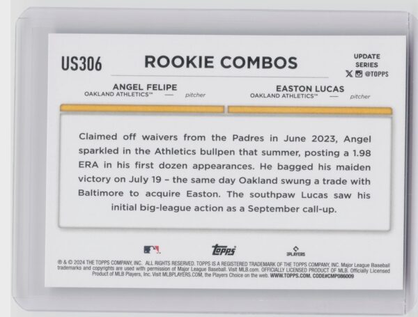2024 Topps Update Easton Lucas  / Angel Felipe RC #US306 Athletics - Image 3