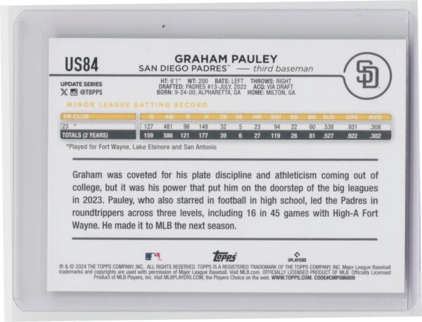 2024 Topps Update Graham Pauley RC #US84 Padres - Image 3