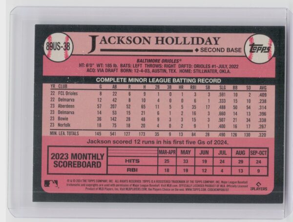 2024 Topps Update Jackson Holliday #89US-38 Orioles 1989 Topps Baseball 35th Ann - Image 3
