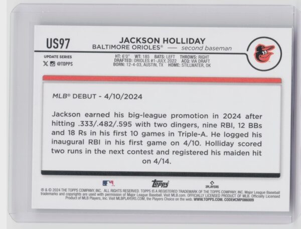 2024 Topps Update Jackson Holliday #US97 Orioles - Image 3