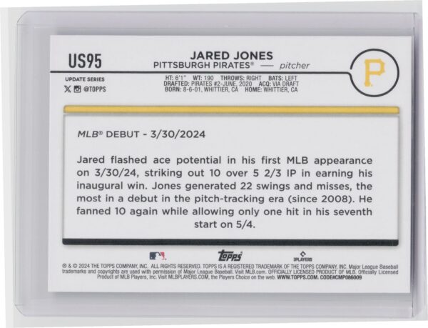 2024 Topps Update Jared Jones RC #US95 Pirates - Image 3