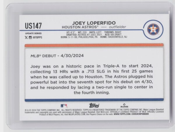 2024 Topps Update Joey Loperfido #US147 Astros - Image 3