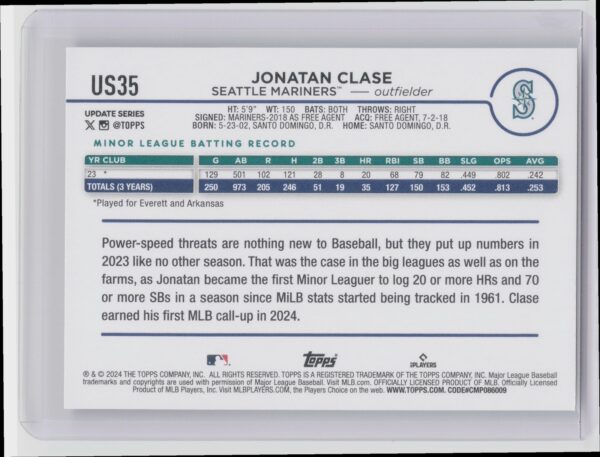 2024 Topps Update Jonatan Clase RC #US35 Mariners - Image 3