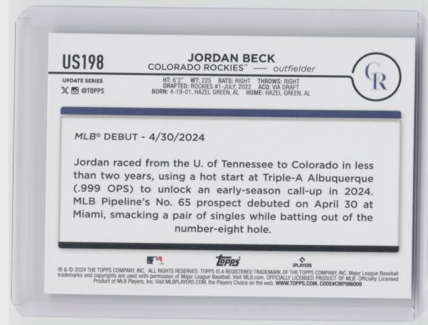 2024 Topps Update Jordan Beck RC #US198 Rockies - Image 3