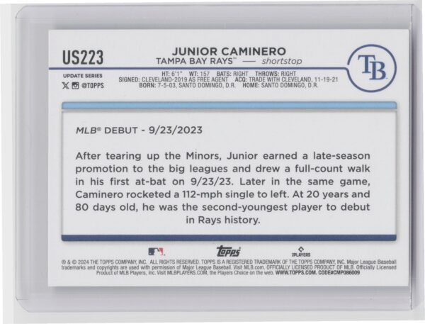 2024 Topps Update Junior Caminero RC #US223 Rays - Image 3