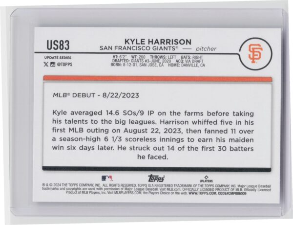 2024 Topps Update Kyle Harrison #US83 Giants - Image 3