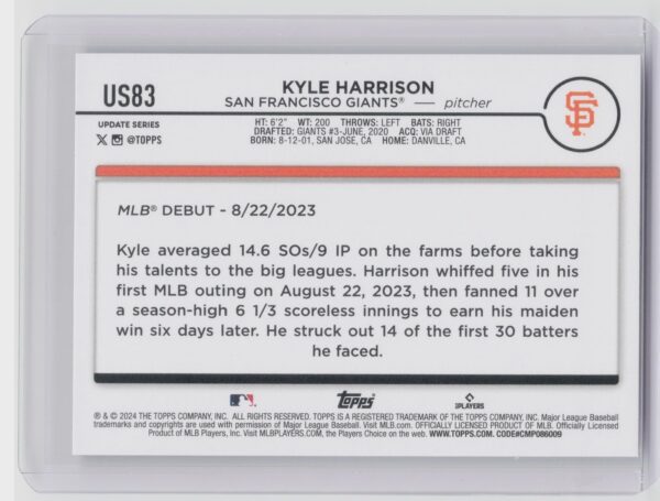 2024 Topps Update Kyle Harrison #US83 Giants - Image 3