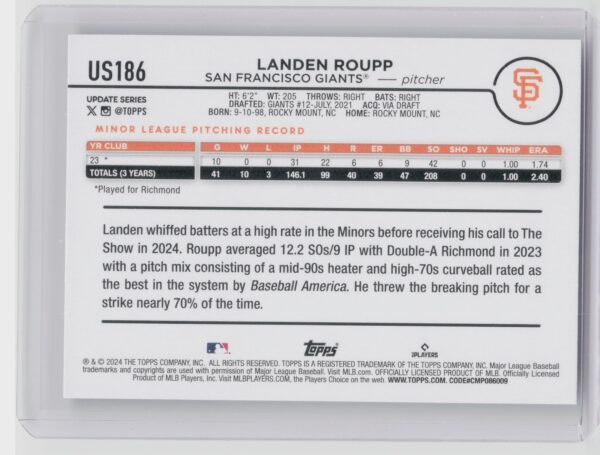 2024 Topps Update Landen Roupp RC #US186 Giants - Image 3