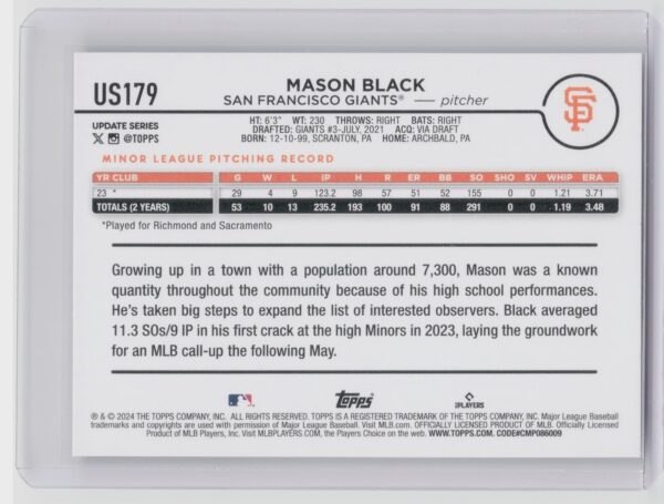 2024 Topps Update Mason Black RC #US179 Giants - Image 3