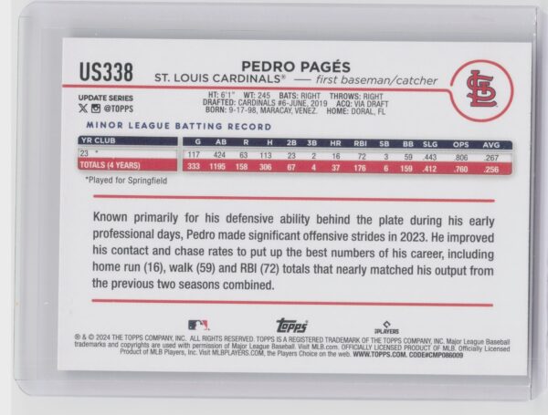 2024 Topps Update Pedro Pages RC #US338 Cardinals - Image 3