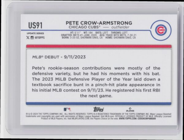 2024 Topps Update Pete Crow-Armstrong RC #US91 Cubs - Image 3