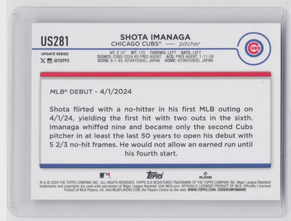 2024 Topps Update Shota Imanaga RC #US281 Cubs - Image 3