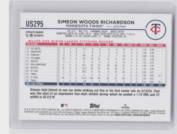 2024 Topps Update Simeon Woods Richardson #US295 Twins - Image 3