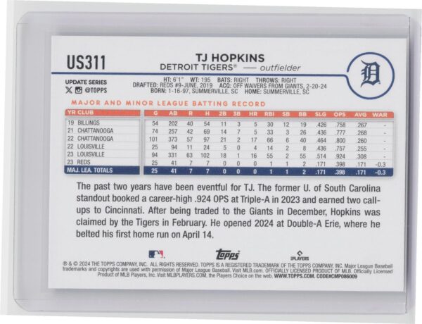 2024 Topps Update TJ Hopkins RC #US311 Tigers - Image 3