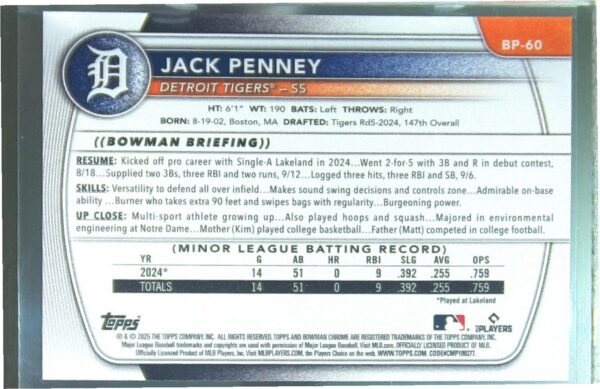 2025 Bowman Jack Penney #BP-60 Tigers Prospects - Image 3