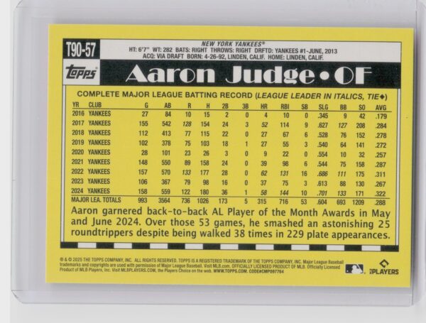 2025 Topps Aaron Judge 1990 Topps Baseball 35th Anniversary #T90-57 Yankees - Image 3