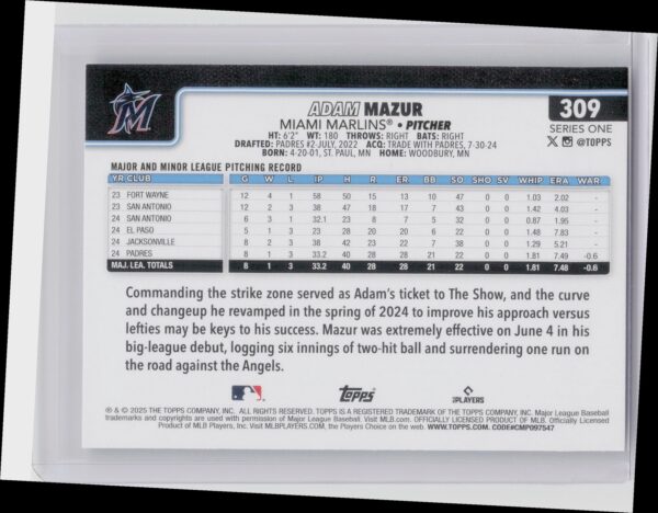 2025 Topps Adam Mazur RC #309 Marlins - Image 3