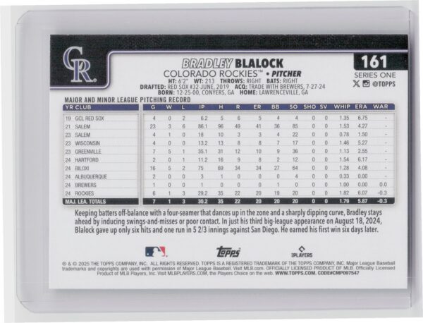 2025 Topps Bradley Blalock RC #161 Rockies - Image 3