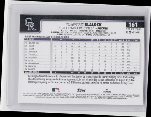 2025 Topps Bradley Blalock RC #161 Rockies - Image 3
