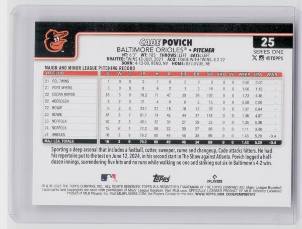2025 Topps Cade Povich RC #25 Orioles - Image 3