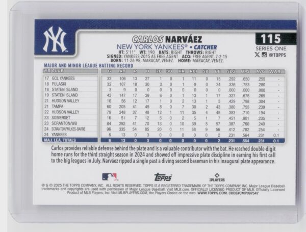 2025 Topps Carlos Narvaez RC #115 Yankees - Image 3