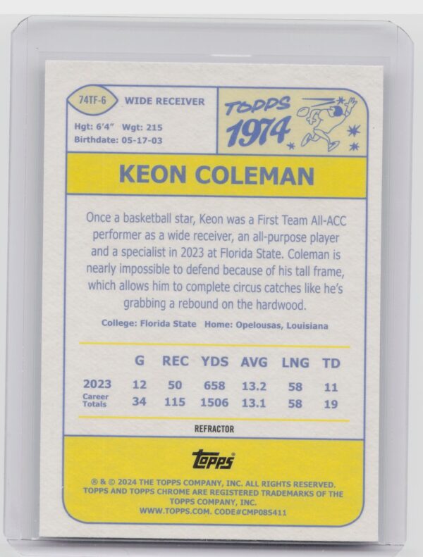 2025 Topps Chrome Keon Coleman 1974 throwback 74TF-6 Bills - Image 3